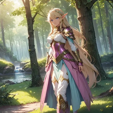 Masterpiece, HD, high resolution, best quality, high quality. Character solo alone. High fantasy genre, Fantasy artwork.
{{(An Elf woman milf knight of 500-years-old:(fair skin. golden-blonde-yellow long-hair. Beautiful light-blue eyes. Absolute beauty. be...