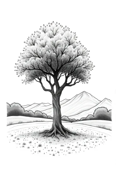 pen and ink drawing of a lone tree in a freshly mowed  yard with mountains in the background