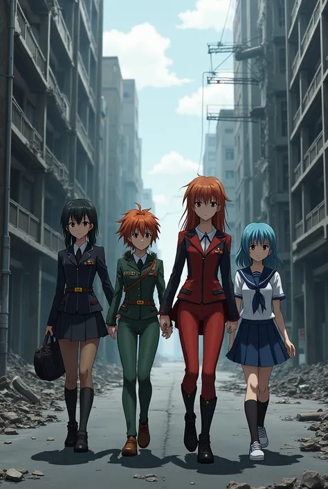 Asuka Shinji Rei and Misata walk the streets of Tokyo