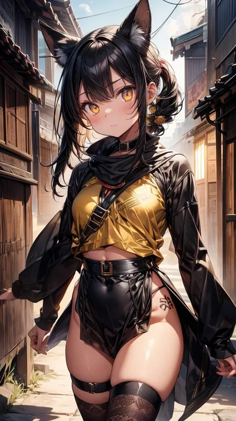  masterpiece of the highest quality,  the best definition for adding aesthetic and lighting details Black jackal girl, Egyptian clothing, adolescent, ,black body, Japanese shrine landscape, golden body tattoo , sensual eyes, yellow pupil, bright eyes