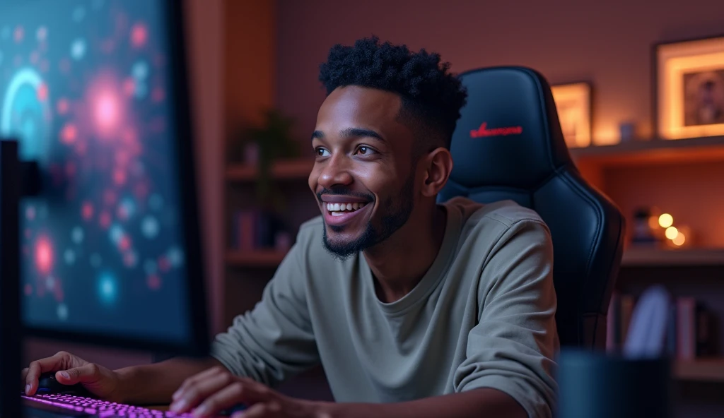  The young black man alone in the gamer room , short bearded.  He has light brown eyes that glow when he is excited playing with his friends on the computer and Playstation 5. The skin on his face is smooth .  He is seated in a gamer chair in front of a ga...