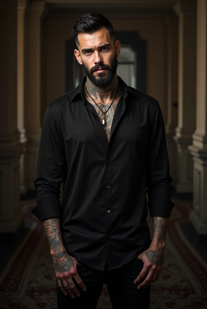  create an image of a tall man , strong, tattooed, in black clothes, dress shirt with the first buttons open, with a sad face,  black hair , well-groomed beard, in a mansion, wide image, modern and sophisticated , I&#39;m 8k