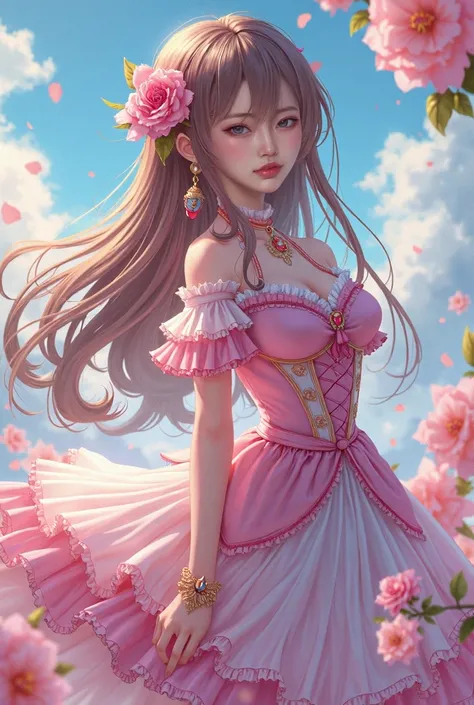 pretty girl in a pink shoujo outfit, long hair and no bangs. 