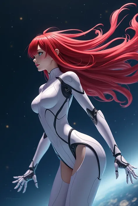 Beautiful anime woman floating in space.  Long deep red hair . White robotic body . 