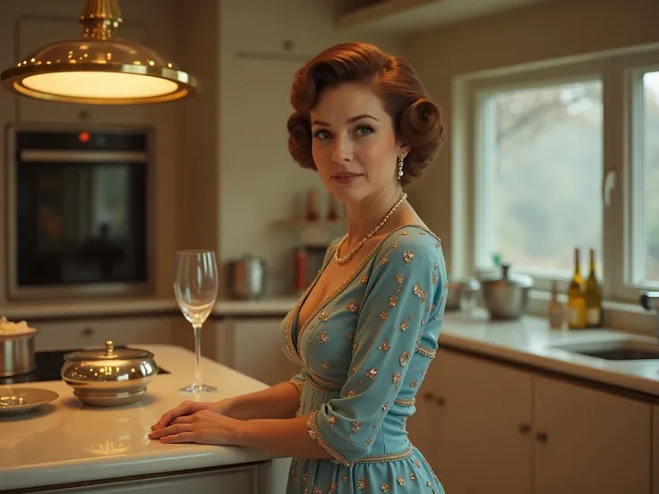 lovely 1960s star trek dress mother-in-law standing, posing sweetly, looking at viewer holding wine glass in classic enterprise star ship kitchen