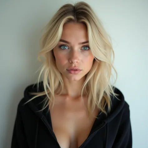 woman, blonde, blue eyes, white,  huge boobs, In black hoodie ,  looking at the realistic camera
