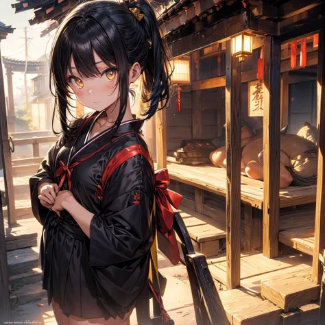  masterpiece of the highest quality,  the best definition for adding aesthetic and lighting details Black jackal girl, Japanese clothing, adolescent, ,black body, Japanese shrine landscape, golden body tattoo , sensual eyes, yellow pupil, bright eyes