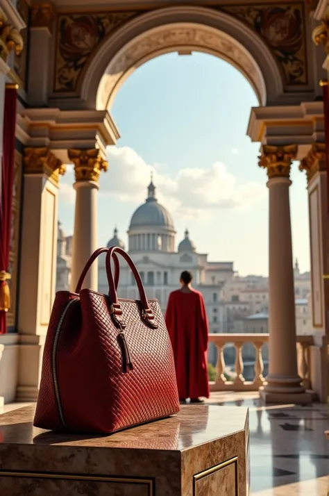 There is a bottega veneta bag on a pedestal in the palace in ancient Rome. The palace has a very beautiful city view. Caesar is watching the view from the palaces main hall.