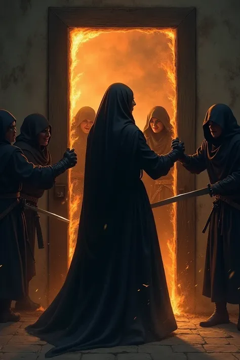 Create an image of side view of Woman with Black Veil fully Covered pushing the woody door from inside and Other  5 Enemies having old fashioned clothing covering their faces are Pushing the Door from outside with swords in hands and also Burning it. its N...