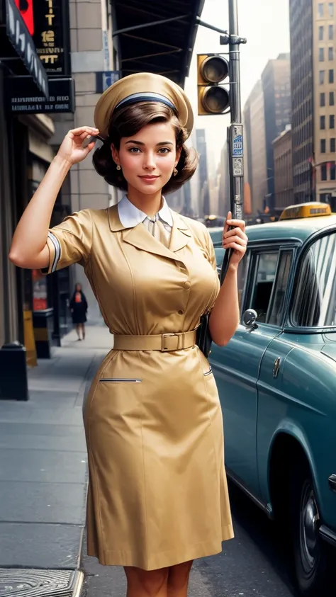 (masterpiece, best quality, photorealistic, ultra-detailed:1.2), a modest 1959 stewardess in her modest work uniform standing on a corner waving a taxi to stop a taxi in New York painted by Gil Elvgren with bold visable brush strokes