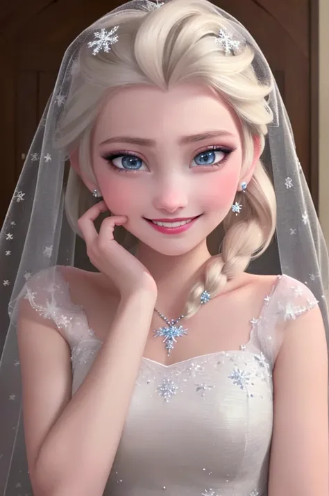 (masterpiece:1.4), (best qualit:1.4), (high resolution:1.4), elsa of arendelle, fur trim, single_braid, snowflake_pattern, smile, 1girl, jewelry, dress, wedding_dress, veil, necklace, ring, formal, smile, realistic, earrings, white_dress, flower, bridal_ve...