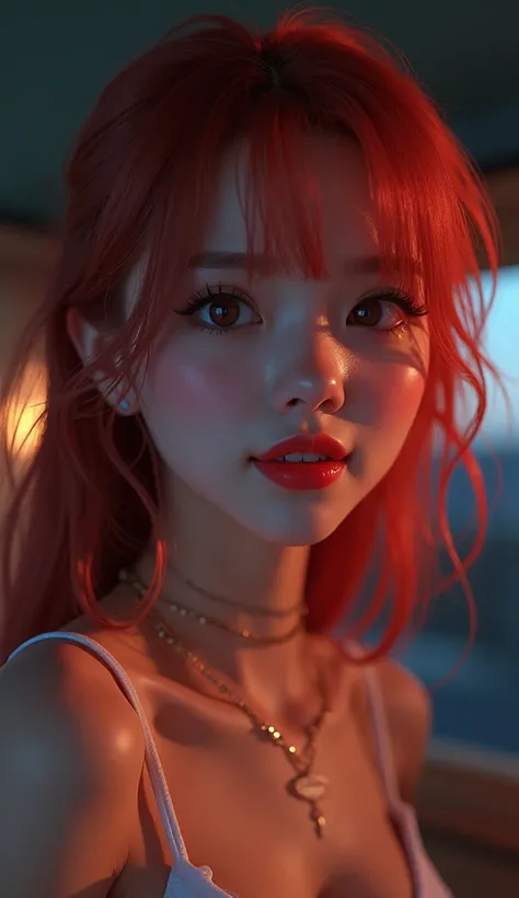  realism, Realistic,  Ultra realistic details :  Velvet Skin , red headの短い髪を横に滑らせた, Symmetrical lips, Bright shiny red_lipstick, Long Blue_ eyelash , student, break,  ultra realistic 8K CG, masterpiece,((full body)) ,  best quality,  intricate detail that ...