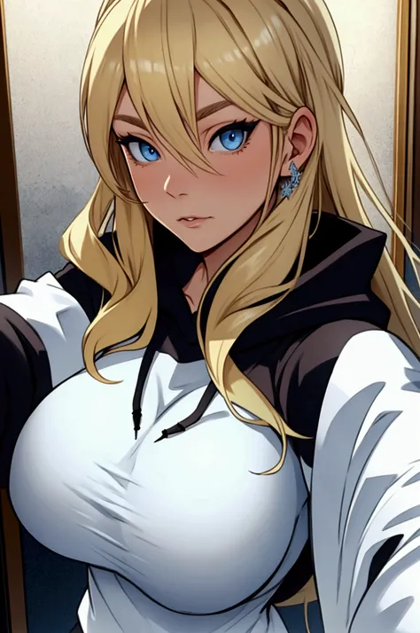 woman, blonde, blue eyes, white,  huge boobs, in black sweatshirt, taking a selfie, na neve,  looking at the camera
