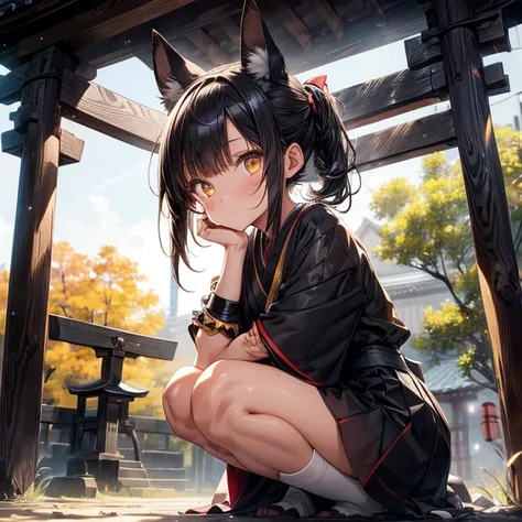  masterpiece of the highest quality,  the best definition for adding aesthetic and lighting details Black jackal girl, Japanese clothing, adolescent, ,black body, Japanese shrine landscape, golden body tattoo , sensual eyes, yellow pupil, bright eyes