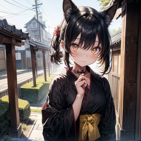  masterpiece of the highest quality,  the best definition for adding aesthetic and lighting details Black jackal girl, Japanese clothing, adolescent, ,black body, Japanese shrine landscape, golden body tattoo , sensual eyes, yellow pupil, bright eyes