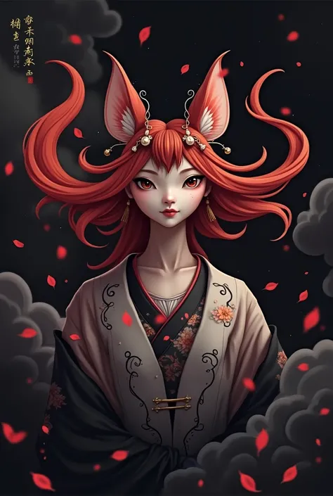 (A Divine Beast), Nine-Tailed Demon Fox, Dynamic Body Type, (Chinese Monster), Handsome, Splashed Ink, Chinese, 1girl, ((Full Body), ((2.5D)), Floating Hair, Beautiful Eyes, Delicate Eyes, Delicate Silhouette, Fantasy Art, (Black and Red Antique Brocade Ha...