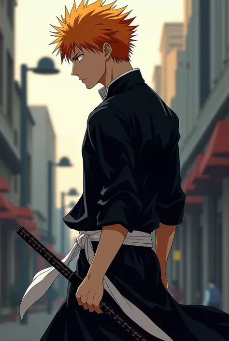 I want a picture where we see ichigo kurosaki from the side walking . Full body must be seen