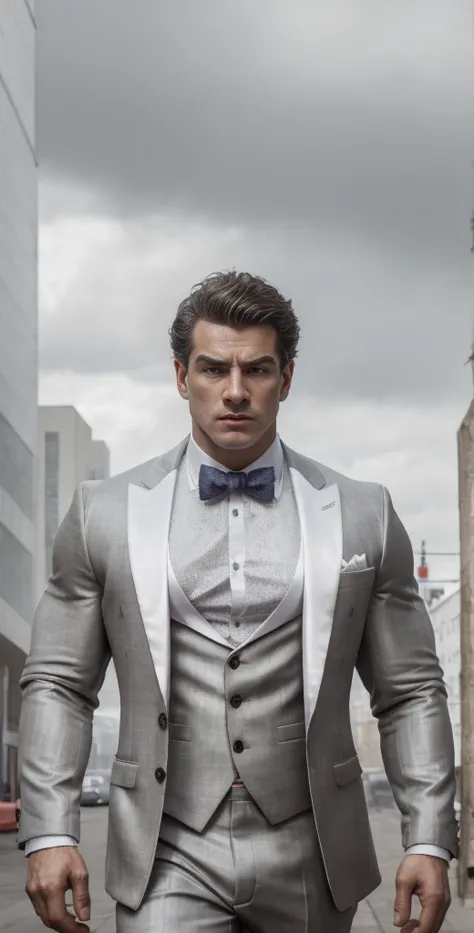 A very muscular realistic Russian stud carefully detailed wearing a ghostly business zegna blazer, shirt, bow tie, jacket, fundo neutro, Moody, , fotorrealista, Jantar de cinema atencioso, super detalhada, Hiper realista, luzes brilhantes, 8 mil em 8k