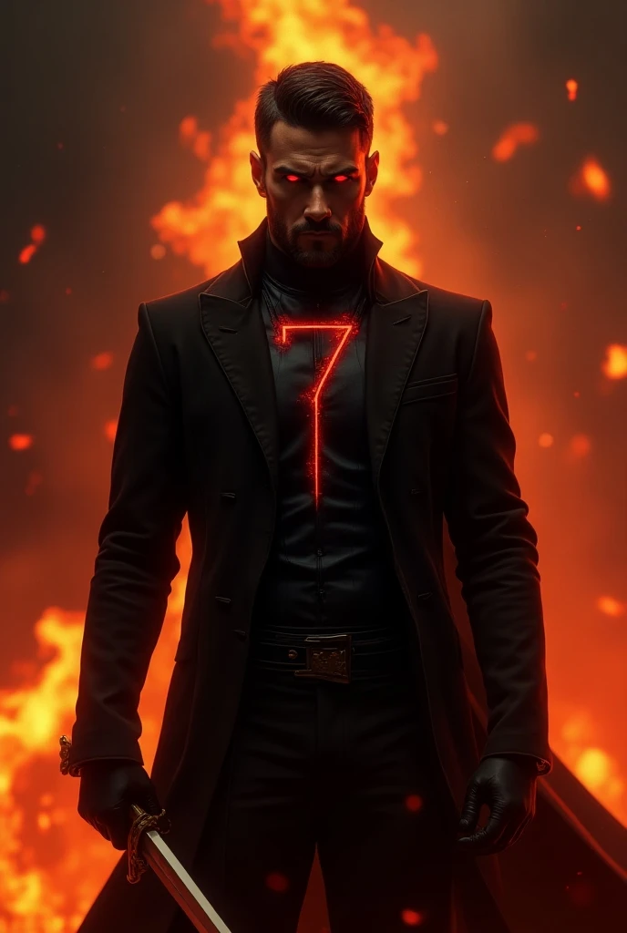 PNG logo of a man dressed all in black with a sword in the middle of his chest clutching it with both hands and his eyes are red and in the background there is fire and on his chest he has a badge that says the 7th