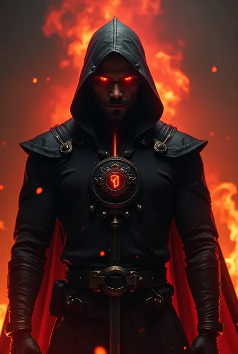 PNG logo of a man dressed all in black with a sword in the middle of his chest clutching it with both hands and his eyes are red and in the background there is fire and on his chest he has a badge that says the 7th