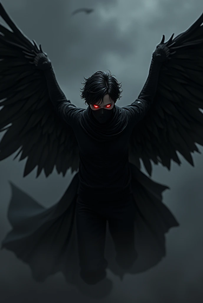 I wanted a male photo of a teenager wearing black clothes, black hair, red eyes Mask, wings flying in the black sky and more like Aline.