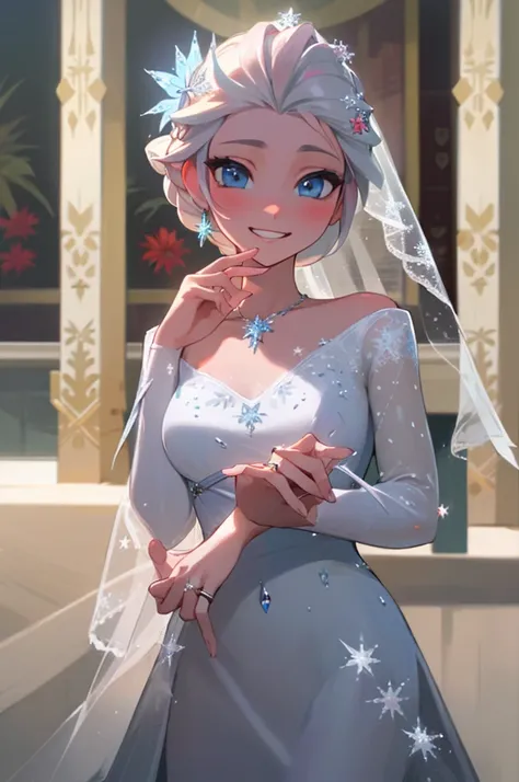 (masterpiece:1.4), (best qualit:1.4), (high resolution:1.4), elsa of arendelle, fur trim, single_braid, snowflake_pattern, smile, 1girl, jewelry, dress, wedding_dress, veil, necklace, ring, formal, smile, realistic, earrings, white_dress, flower, bridal_ve...