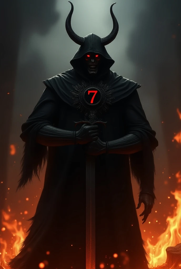 PNG logo of a demon dressed all in black with a sword in the middle of his chest holding it with both hands and his eyes are red and in the background there is fire and on his chest he has a badge that says the 7th