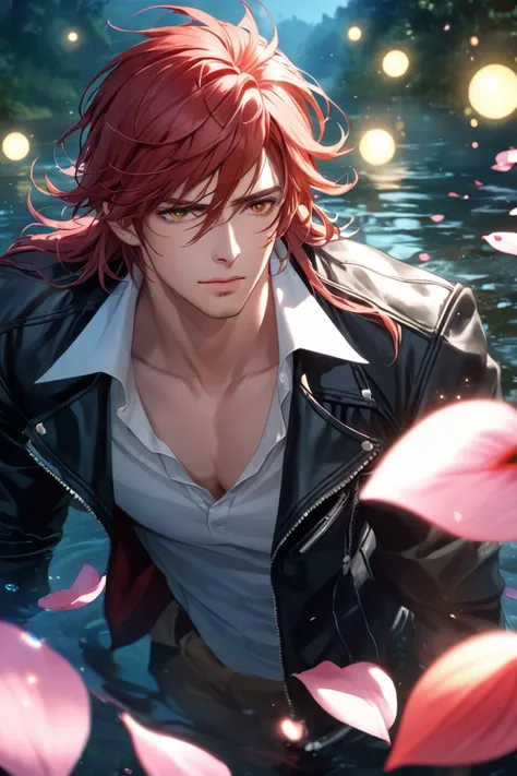 absurd,  High resolution, ultra detallado, hdr,  masterpiece,  red hair ,  short, disheveled hair ,  brushed back and pointed ,  with two locks of hair near opposite sides of his head falling on his face,  expressive amber eyes , K Project ,  black leather...