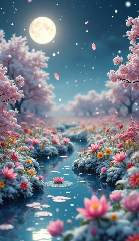   A sweet field of flowers on a full moon night ..snow falling from the sky , The stars are shining .  Add some cherry blossoms on the side and remove the rain trees ., Increase the snowfall and highlight all the details .. Add a little pink color to the p...