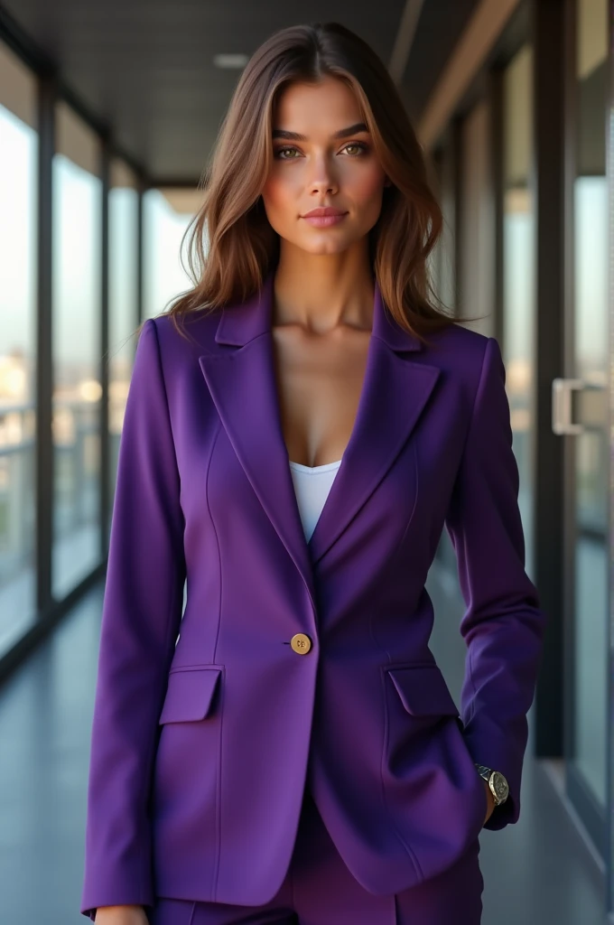 a young lawyer dressed in a purple suit, brown hair, amber eyes, with tanned skin.