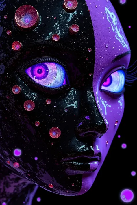 The face of a robotic geisha made of black obsidian, half in shadow, the reflection of a window on the surface. Style by Zdzislaw Beksinski, purple colors, brightly illuminated by thousands of colored crystals, translucent bubbles, large turquoise eyes, pe...