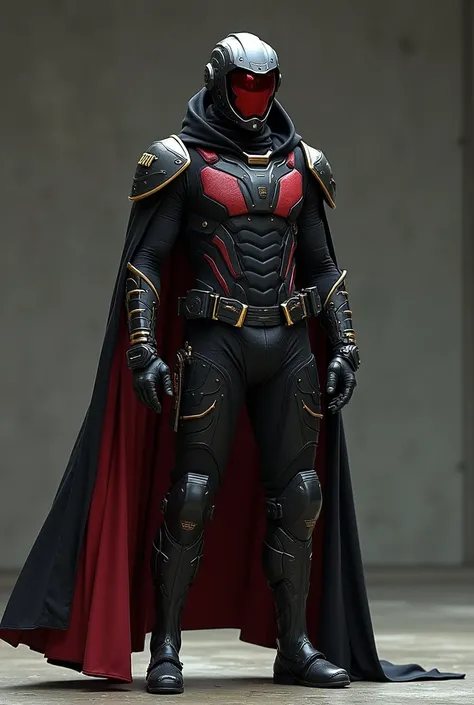 •	Sleek, lightweight, and armor-plated, blending samurai aesthetics with modern tactical gear.
	•	Black and dark red with subtle golden accents, symbolizing strength, stealth, and honor.
	•	The cape doubles as a paraglider and camouflage cloak.
	•	Features...