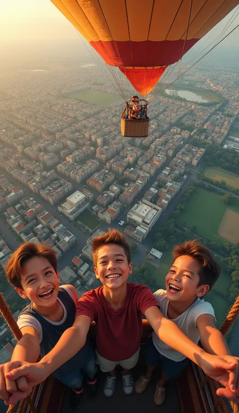 A view from above capturing four friends in a hot air balloon, with the perspective from one boys head as he leans over, laughing. Below, a sprawling city stretches out with its intricate network of streets, rooftops, and parks. The scene is filled with th...