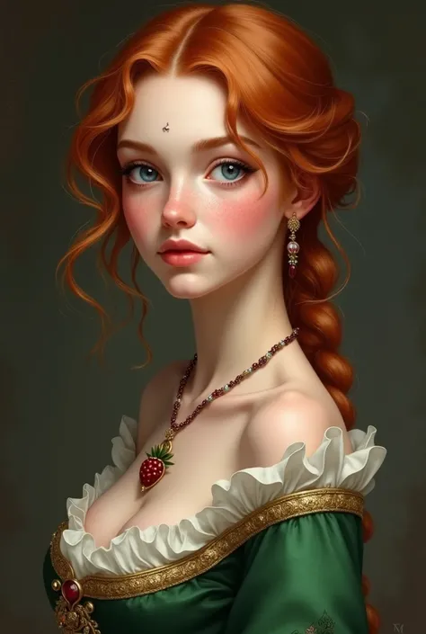  A realistic pic of A young woman with red, slightly wavy hair and fair skin with a few freckles on her face. She has large, innocent blue eyes, a slender and medium-sized nose, and balanced facial features meeting traditional beauty standards. She is appr...