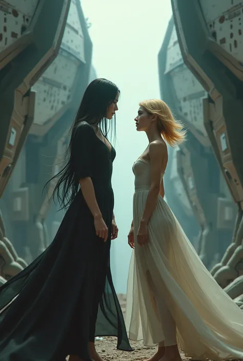 Person 1: woman,  long black hair , large, 
Person 2: woman,  short blonde hair , Small, 
  You can see that they are being torn away from each other by machines. It is the year 3060  