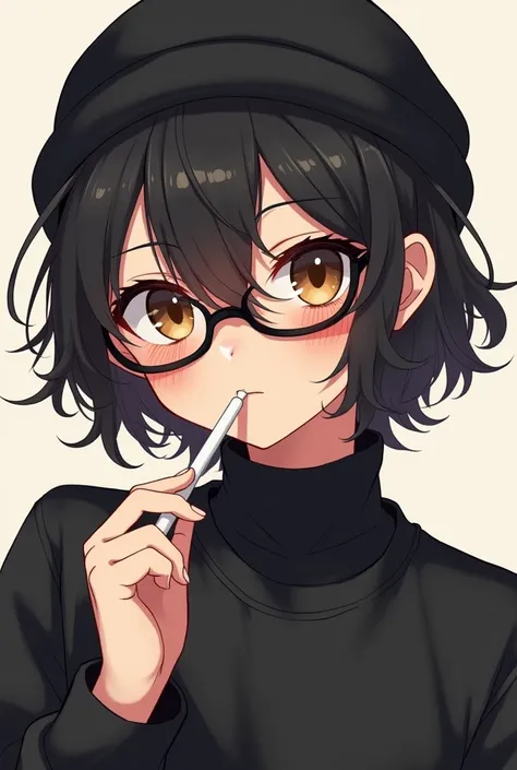  Anime style- A boy, brown skin,  long curly black hair, distributed in half,  brown eyes, Black sweatshirt, turtleneck, glasses, Black cold cap, piercing no nariz, And in the eyebrow, fofo, femboy, Selfie, Drinking something from a straw 