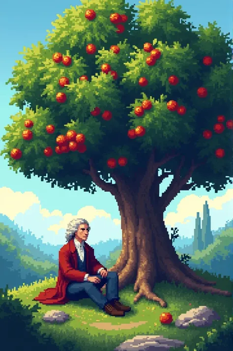 Pixelated tree with fruits and Newton under the tree