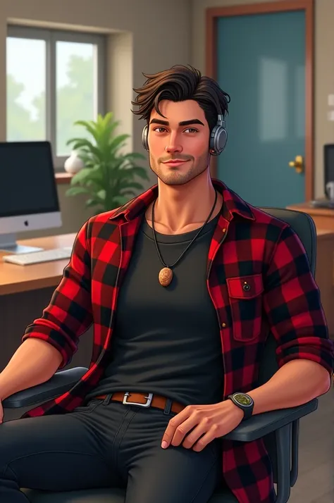  Create a 4k rendering , disney style,  of a young man in his 30s ,  wearing black jeans and a basic black t-shirt ,  over a wide plaid shirt , Black and red,  your face is beautiful and sharp ,  short hair and dark eyes ,  a light beard for making .  He w...