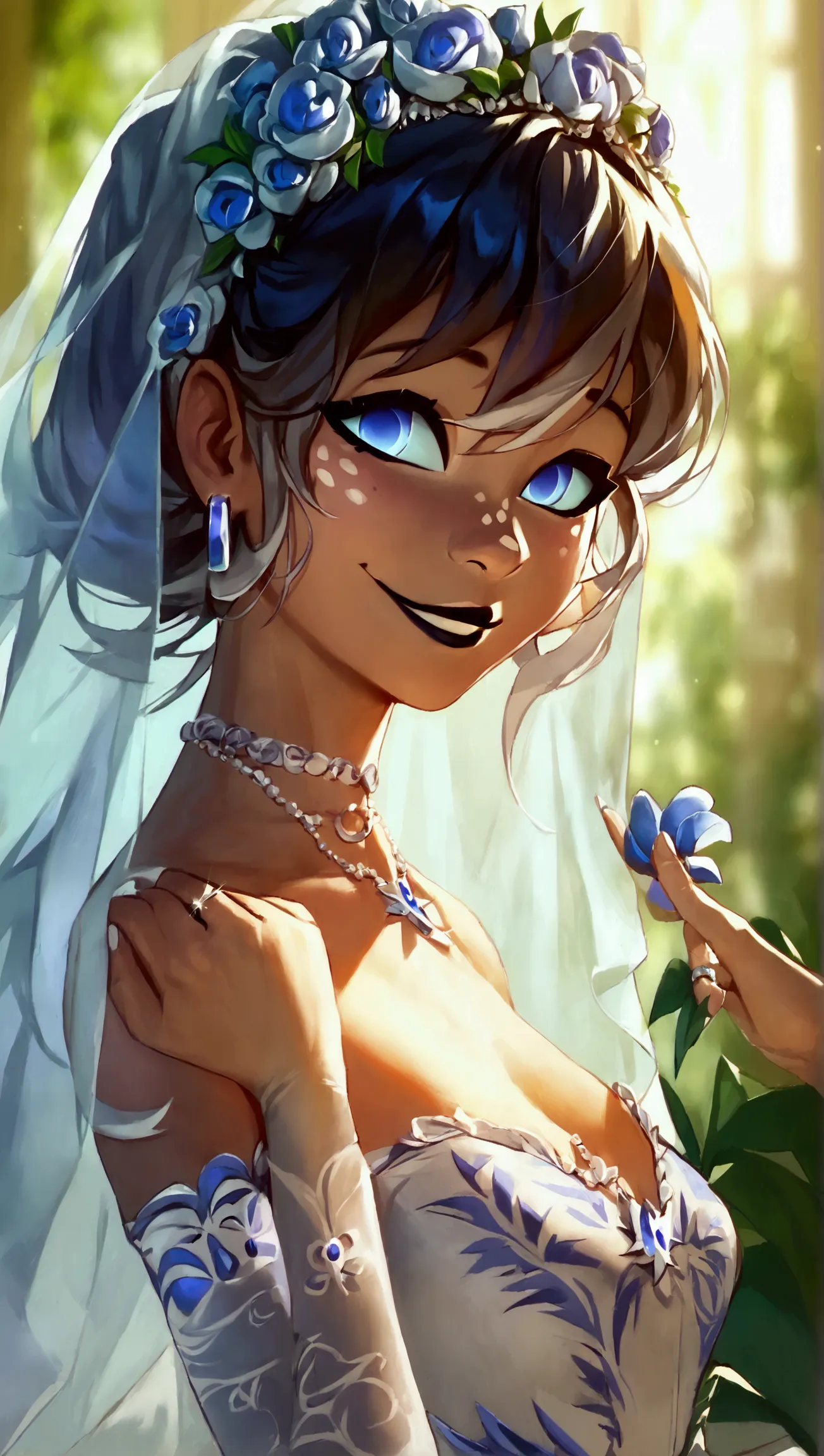 score_9, score_8_up, score_7_up, emily, 1girl, jewelry, dress, wedding_dress, veil, necklace, ring, formal, smile, realistic, ea...