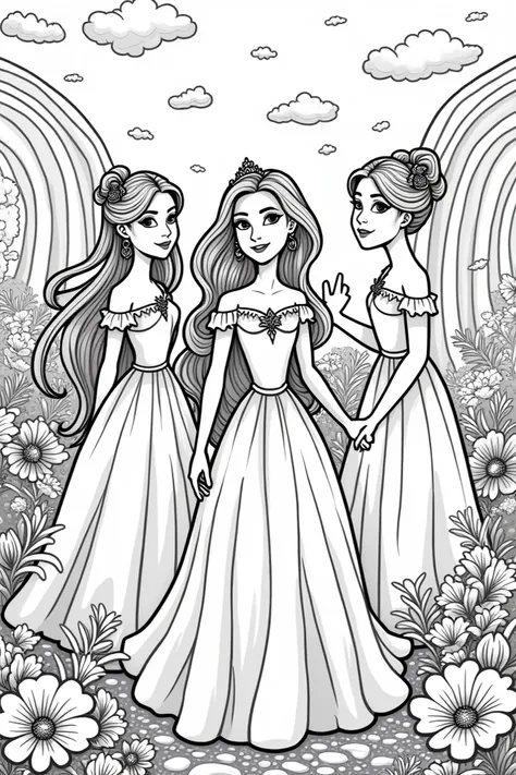 A coloring book featuring princesse 
with rainbows and adorable animals among flowers. Black-and-white illustrations with bold, thick outlines. The images are in a cartoon style.

