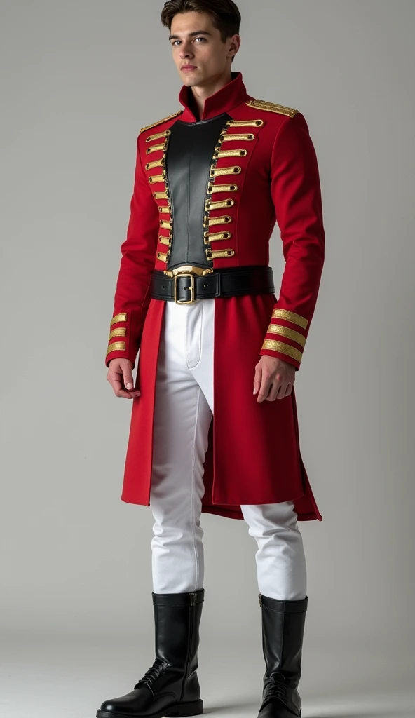 a young, thin man. The man in the image is wearing: A long-sleeved red jacket with gold decorative details on the front, reminiscent of a stylized uniform.

A shiny black plate in the center of the jacket, possibly as part of the design or a technology acc...