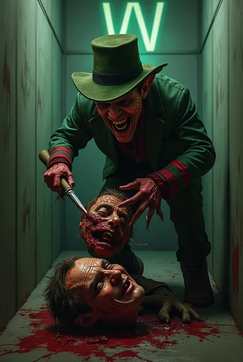 Damned leprechaun cutting off Freddy Kruegers head in a jail With a background that says W