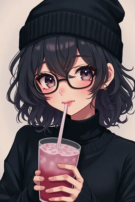  Anime style- A boy, with a feminine face , pele tan,  long curly black hair, distributed in half,  brown eyes, Black sweatshirt, turtleneck, glasses, Black cold cap, piercing no nariz, And in the eyebrow, fofo, femboy, Selfie, Drinking something from a st...