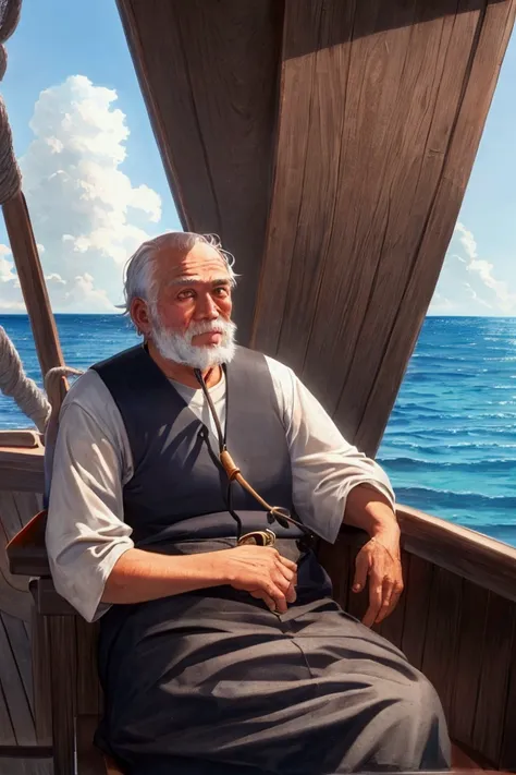 An old man sitting on his boat at sea 