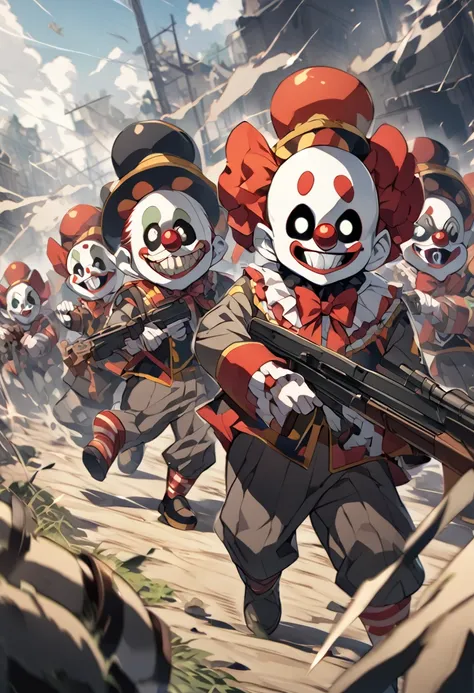 group of Clowns with cat ears point guns at you.Crazy atmosphere,battle field,detailed background,