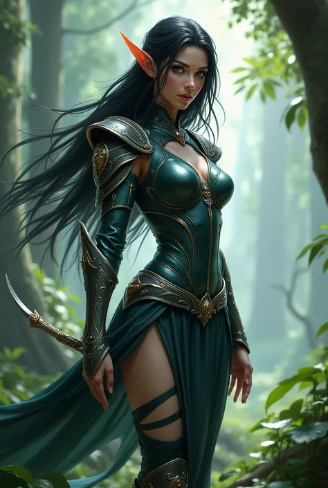 Fantastyka elfy, strong woman ,  bold elf ,  black hair blue eyes, beautiful forest 
Elf Warrior 