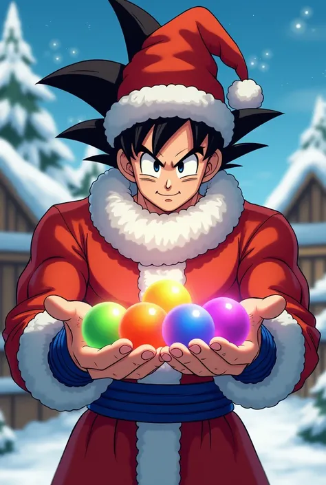 Goku dressed as Santa Claus  , with his Christmas hat offering the Dragon Spheres 