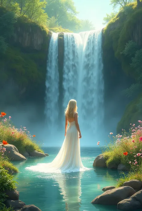 Serene peaceful landscape, flowers, waterfall,l a blonde woman in center wearing a long dress with its train  made by water