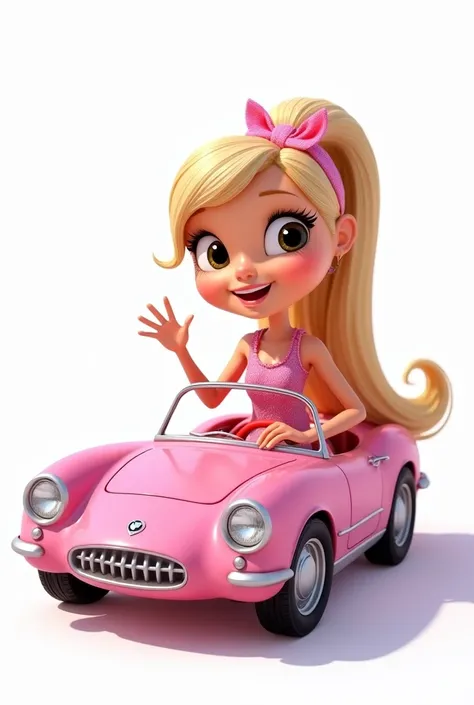  Pixar-style design of a  girl inspired by Barbie, in a pink Corvette C1 . Blonde hair with pink headband ,  pink dress with glitter and ruffles .  big and expressive eyes , sweet smile.  Represented in full body inside the car , in different poses (drivin...