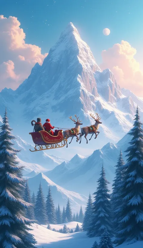 CREATE A LANDSCAPE WITH MOUNTAINS , ANIME SKY WITH CHRISTMAS SLEIGH 